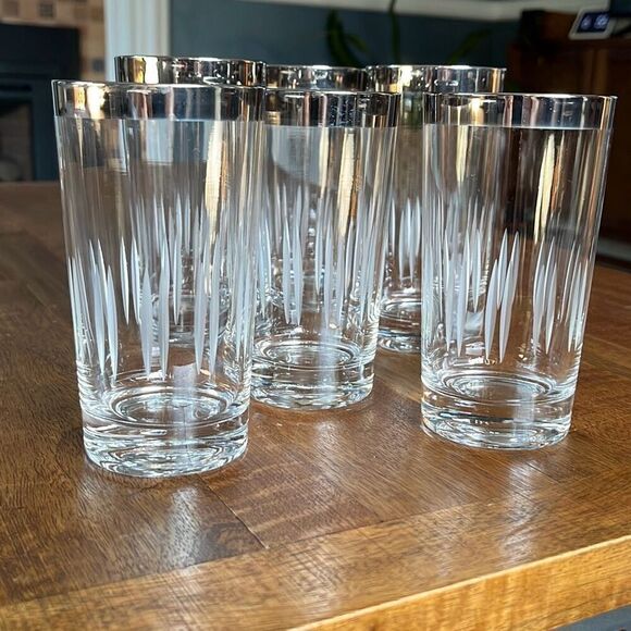 Silver Rim Hi Ball Glass, Cocktail Glasses, Dorothy Thorpe Style, Etched Cocktai